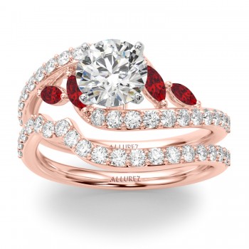 Swirl Design Lab Grown Diamond & Marquise Lab Ruby Bridal Ring Set 14K Rose Gold (0.96ct)